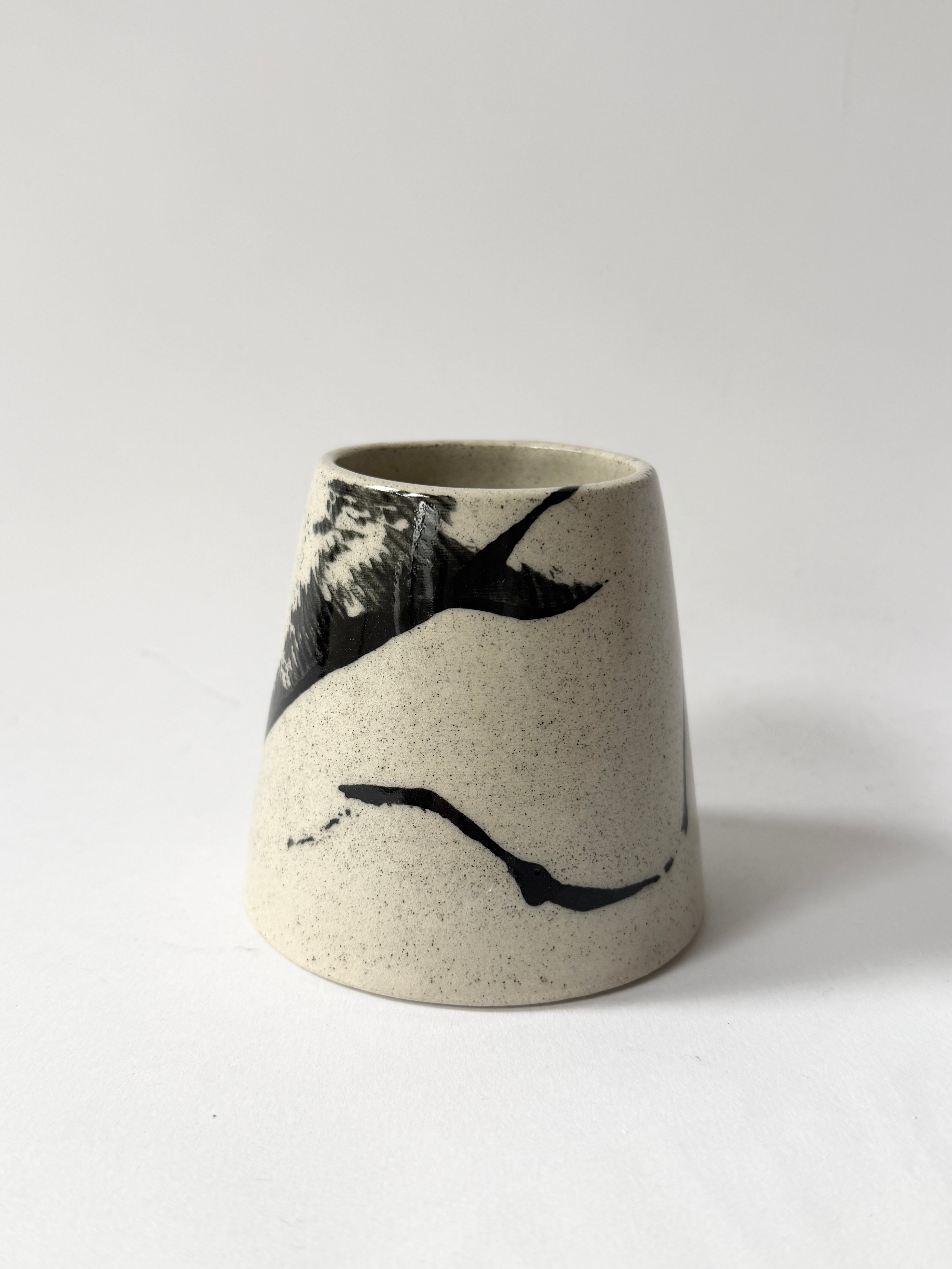 Unique Hand made ceramic speckled clay vase with line splatter design