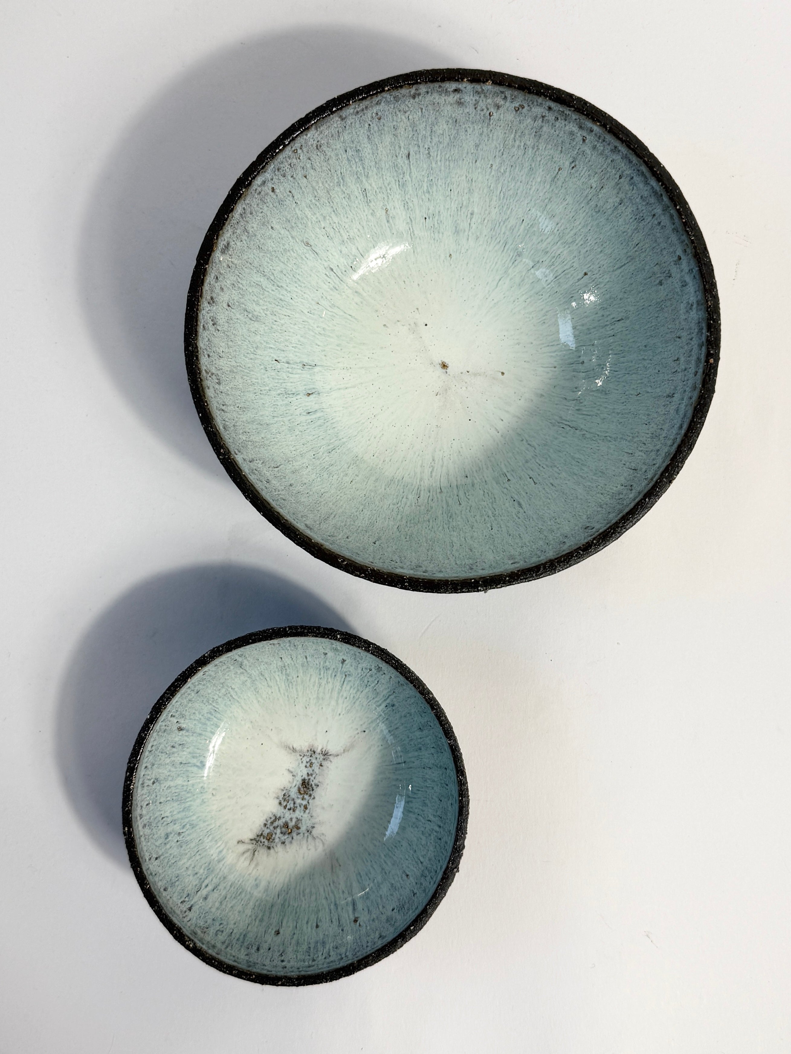 Top view of glazed interior being pearl light blue.  Unique bowl set created in FionaK Studio in Adelaide, South 
Australia